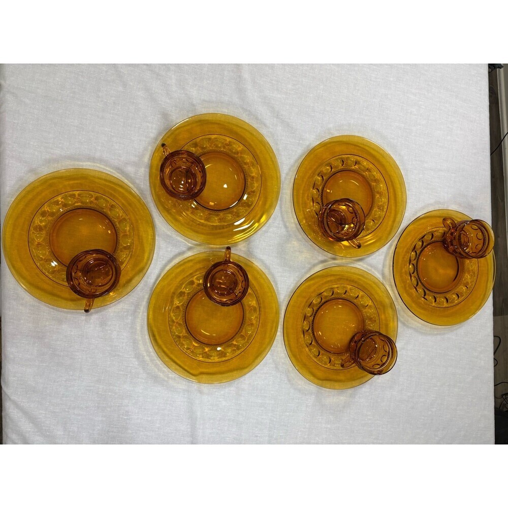 Vintage Indiana Glass Kings Crown Thumbprint Amber Snack Set 6 Plates 6Cups